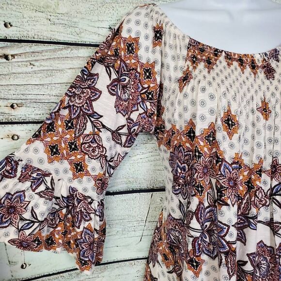 Maurices L Boho Floral Peasant Top 3/4 Sleeve Stretch Scoop Neck Geometric - Picture 2 of 7